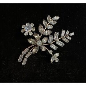 Vintage Made In Austria Blue Crystal Brooch Floral Spray